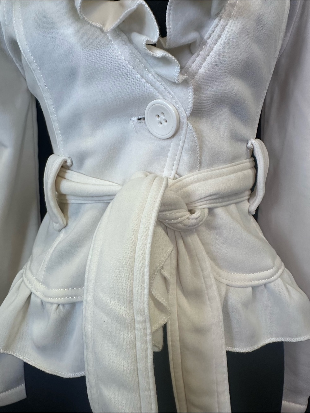 #219- Women's Cream Ruffle-Waist Tie Jacket - Picture 5 of 9